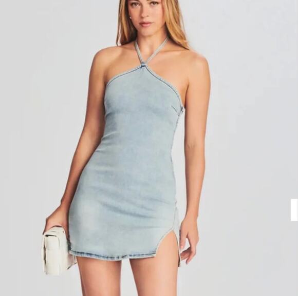 SER.O.YA Dresses & Skirts - SER.O.YA Sage Denim Halter Mini Dress Slit in Skylight | Medium BNWT